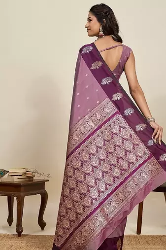 Wine zari work silk blend saree with blouse