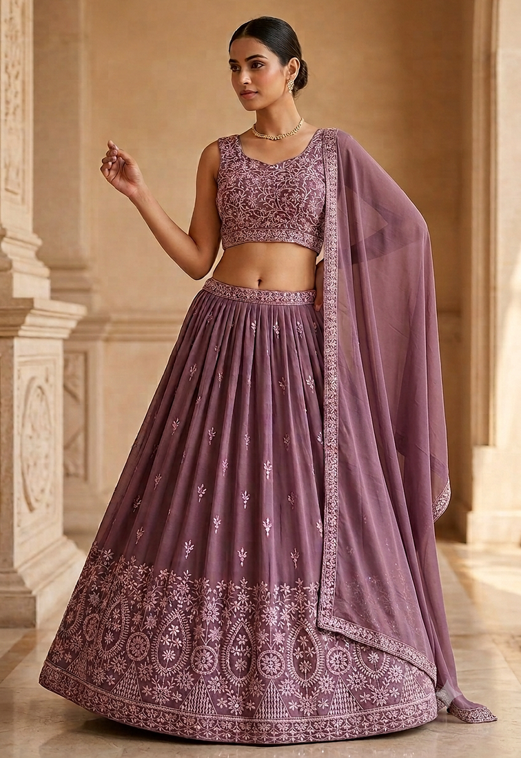 wine embroidered lehenga choli set with dupatta
