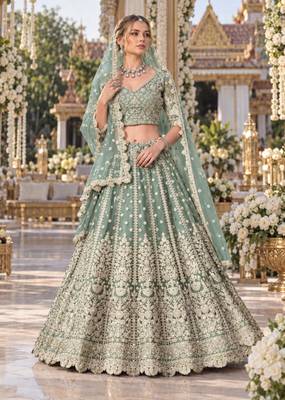 Green Net Semi Stitched Lehenga Choli with Stone Embroidery Work 1
