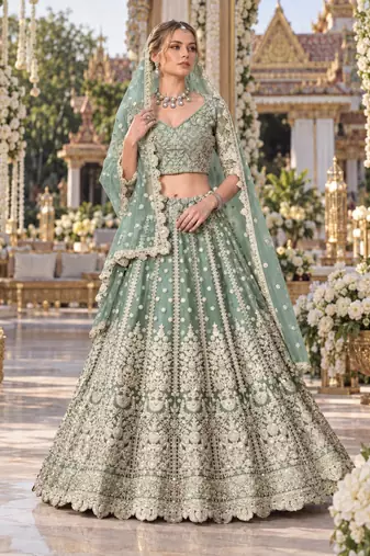 Green Net Semi Stitched Lehenga Choli with Stone Embroidery Work