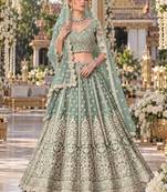 Green Net Semi Stitched Lehenga Choli with Stone Embroidery Work