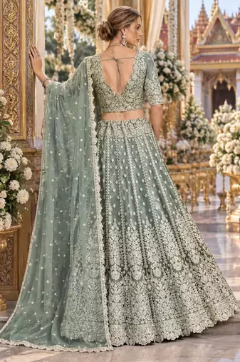 Green Net Semi Stitched Lehenga Choli with Stone Embroidery Work