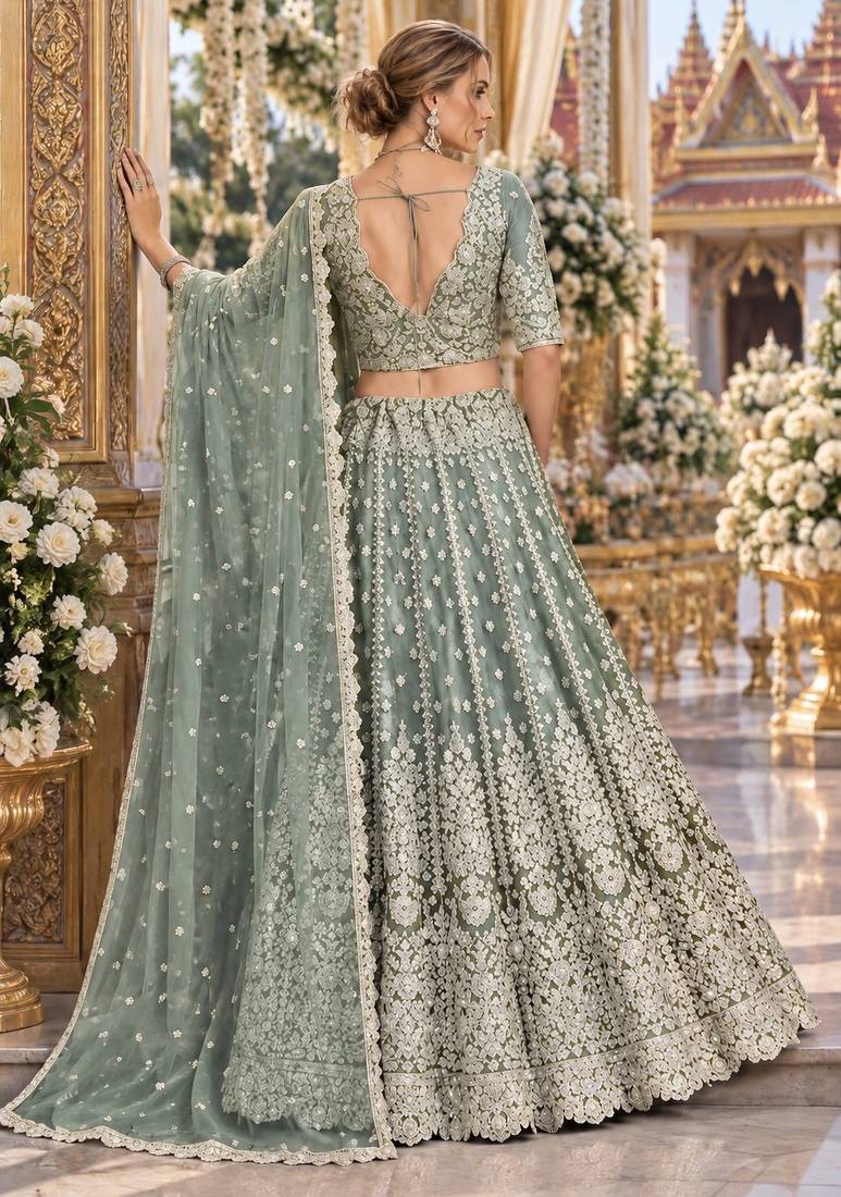 Green Net Semi Stitched Lehenga Choli with Stone Embroidery Work