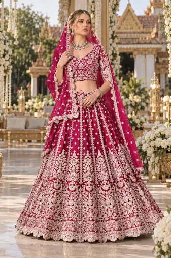 Magenta Net Semi Stitched Lehenga Choli with Stone Embroidery Work