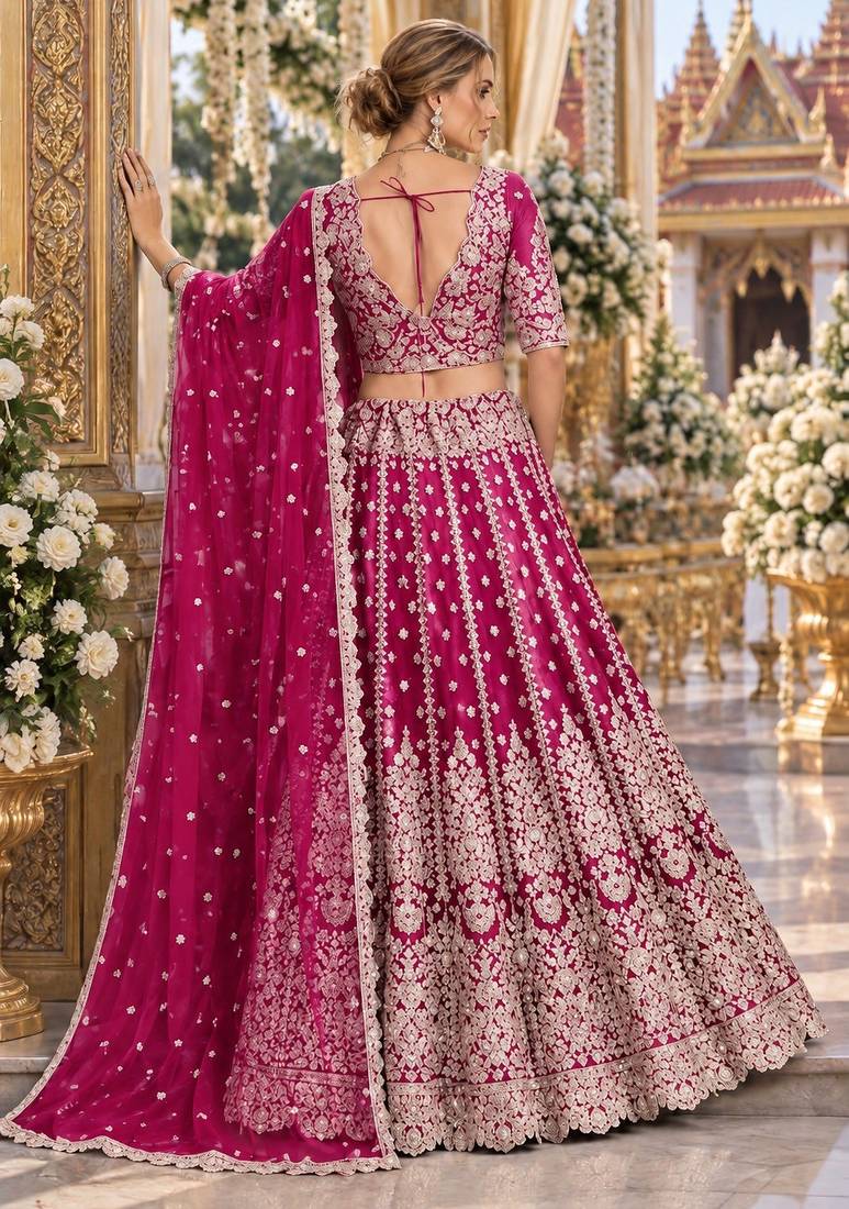 Magenta Net Semi Stitched Lehenga Choli with Stone Embroidery Work