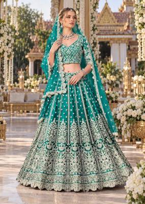Turquoise Net Semi Stitched Lehenga Choli with Stone Embroidery Work 1