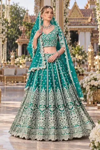 Turquoise Net Semi Stitched Lehenga Choli with Stone Embroidery Work