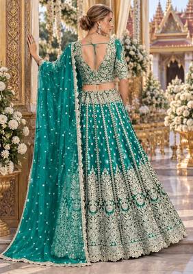 Turquoise Net Semi Stitched Lehenga Choli with Stone Embroidery Work 2
