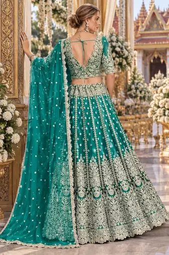 Turquoise Net Semi Stitched Lehenga Choli with Stone Embroidery Work