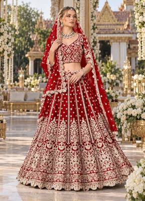 Red Net Semi Stitched Lehenga Choli with Stone Embroidery Work 1