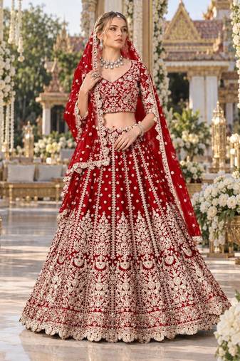 Red Net Semi Stitched Lehenga Choli with Stone Embroidery Work