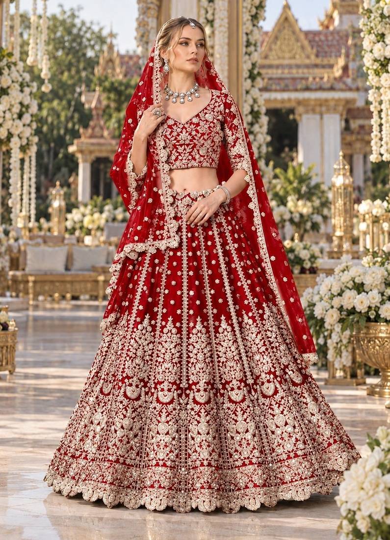Red Net Semi Stitched Lehenga Choli with Stone Embroidery Work