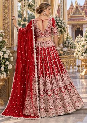 Red Net Semi Stitched Lehenga Choli with Stone Embroidery Work 2