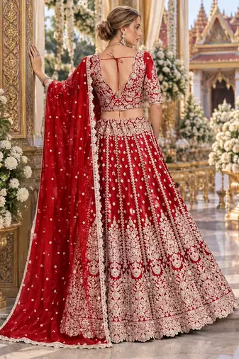 Red Net Semi Stitched Lehenga Choli with Stone Embroidery Work