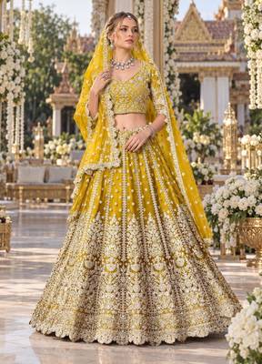Yellow Net Semi Stitched Lehenga Choli with Stone Embroidery Work 1