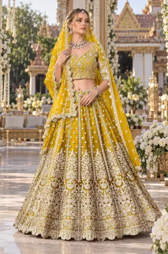 Yellow Net Semi Stitched Lehenga Choli with Stone Embroidery Work