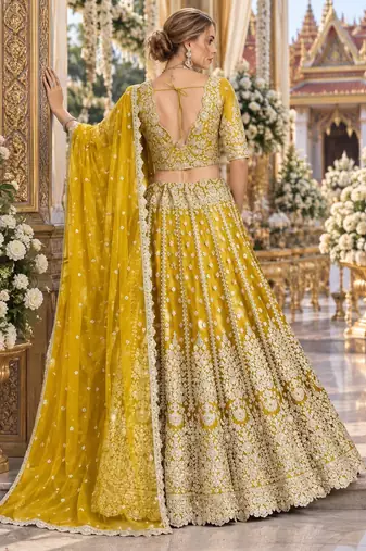 Yellow Net Semi Stitched Lehenga Choli with Stone Embroidery Work