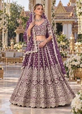 Purple Net Semi Stitched Lehenga Choli with Stone Embroidery Work 1