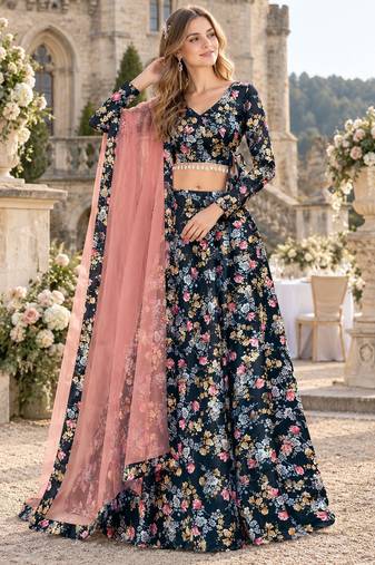 Black Silk Semi Stitched Lehenga Choli with Floral Printed Work