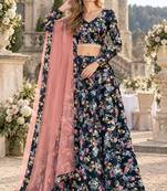 Black Silk Semi Stitched Lehenga Choli with Floral Printed Work