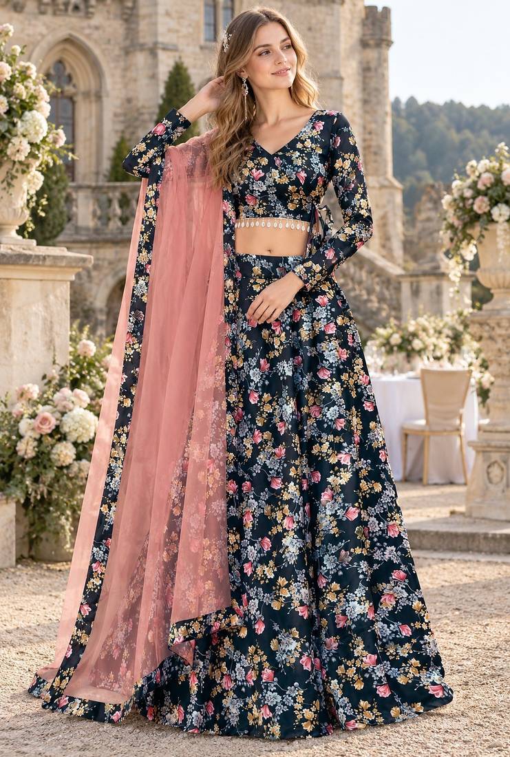 Black Silk Semi Stitched Lehenga Choli with Floral Printed Work