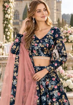 Black Silk Semi Stitched Lehenga Choli with Floral Printed Work 2