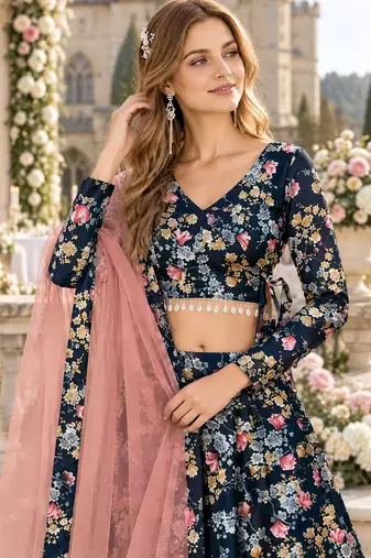 Black Silk Semi Stitched Lehenga Choli with Floral Printed Work