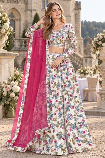 White Silk Semi Stitched Lehenga Choli with Floral Printed Work