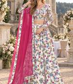 White Silk Semi Stitched Lehenga Choli with Floral Printed Work
