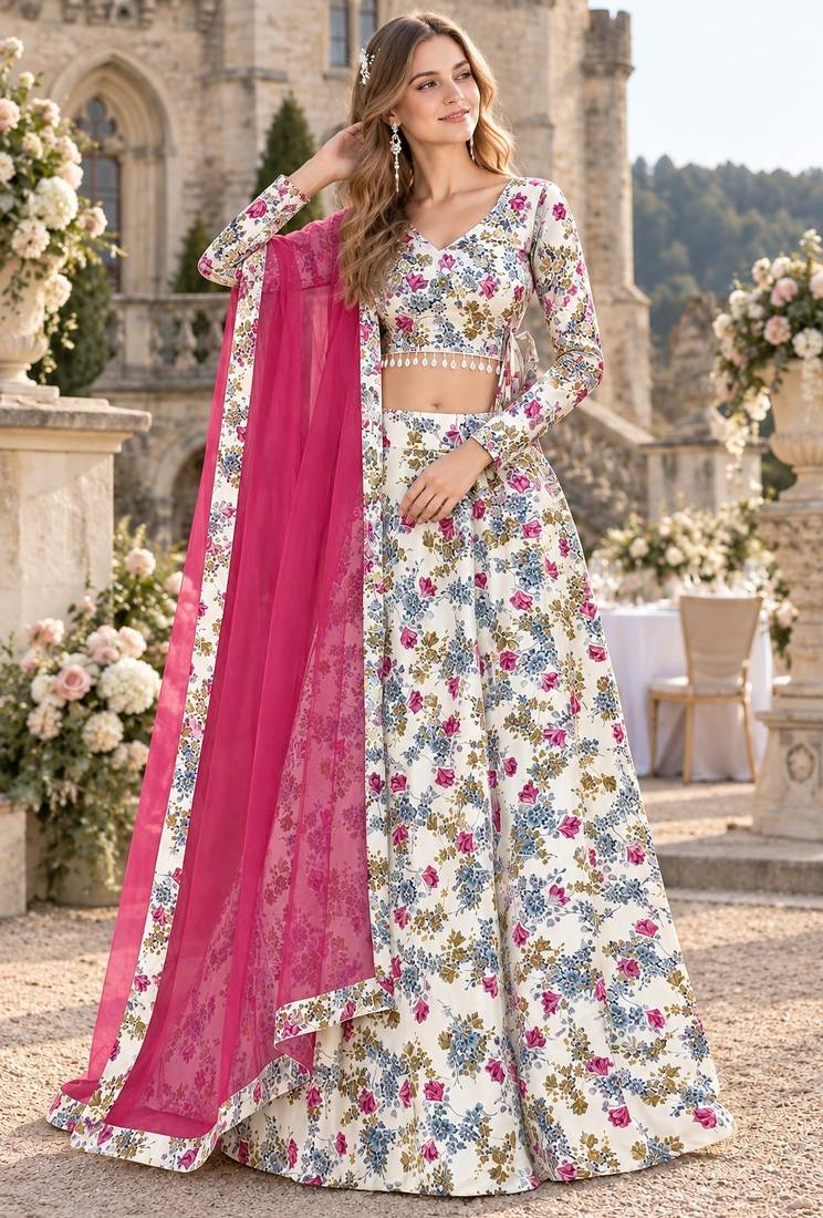 White Silk Semi Stitched Lehenga Choli with Floral Printed Work