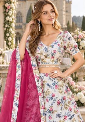 White Silk Semi Stitched Lehenga Choli with Floral Printed Work 2