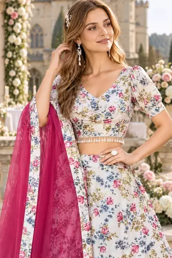 White Silk Semi Stitched Lehenga Choli with Floral Printed Work