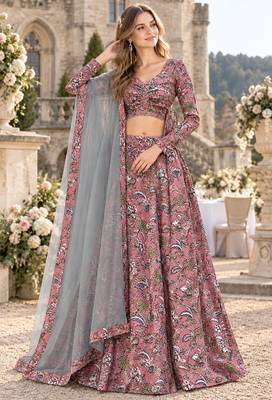 Peach Silk Semi Stitched Lehenga Choli with Floral Printed Work 1
