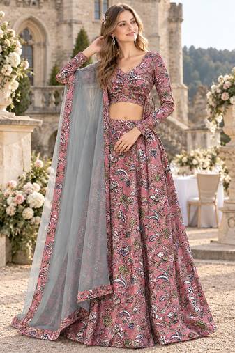 Peach Silk Semi Stitched Lehenga Choli with Floral Printed Work
