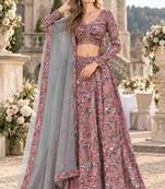 Peach Silk Semi Stitched Lehenga Choli with Floral Printed Work