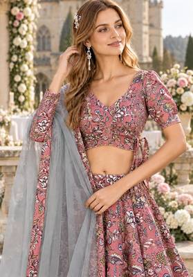 Peach Silk Semi Stitched Lehenga Choli with Floral Printed Work 2