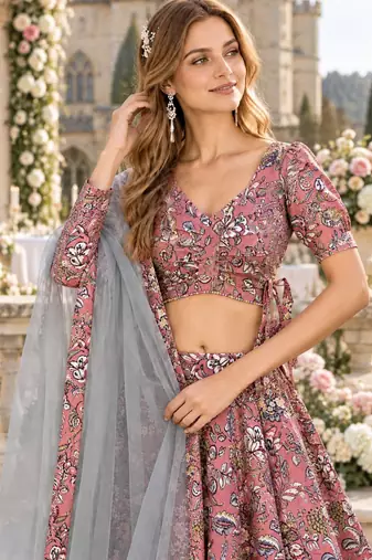 Peach Silk Semi Stitched Lehenga Choli with Floral Printed Work