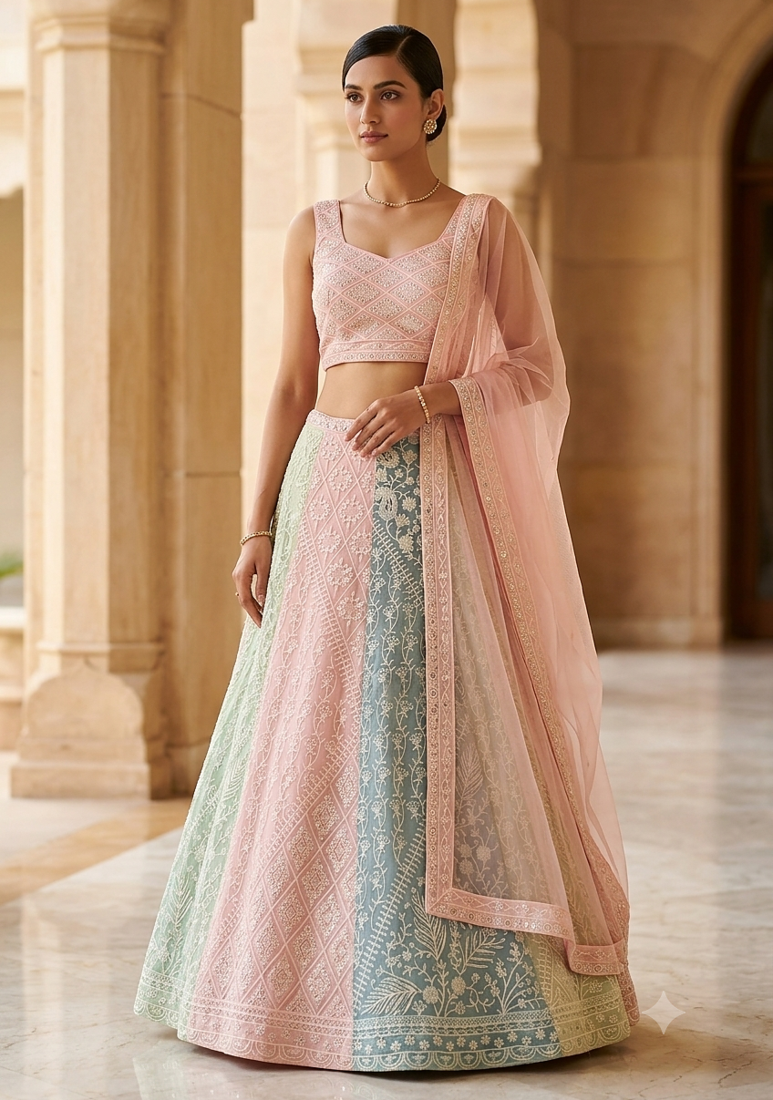 Multicolor Thread Sequin Georgette Lehenga Choli Blouse
