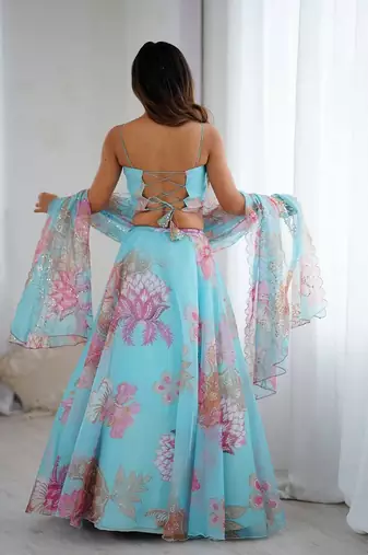 sky blue organza embroidered lehenga choli with free size upto 42