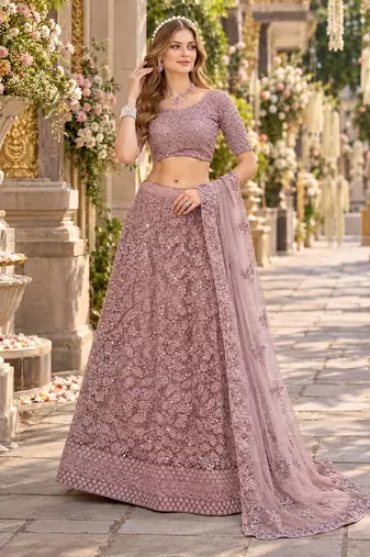 Purple Net Semi Stitched Lehenga Choli with Embroidery & Sequence Work