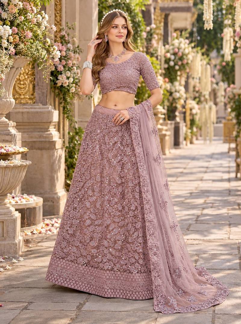Purple Net Semi Stitched Lehenga Choli with Embroidery & Sequence Work