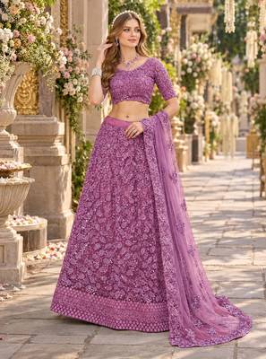 Purple Net Semi Stitched Lehenga Choli with Embroidery & Sequence Work 1