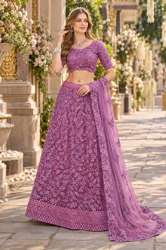 Purple Net Semi Stitched Lehenga Choli with Embroidery & Sequence Work
