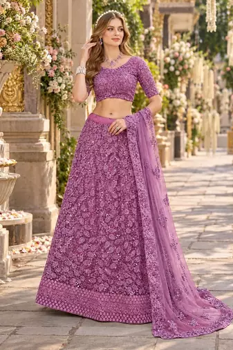 Purple Net Semi Stitched Lehenga Choli with Embroidery & Sequence Work