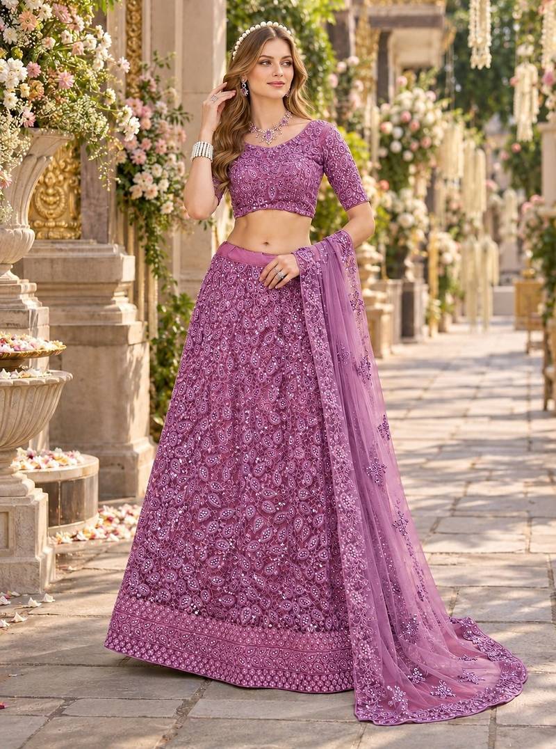 Purple Net Semi Stitched Lehenga Choli with Embroidery & Sequence Work