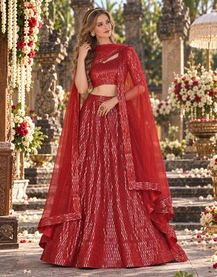 Red Net Semi Stitched Lehenga Choli with Embroidery & Sequence Work 1