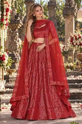 Red Net Semi Stitched Lehenga Choli with Embroidery & Sequence Work
