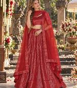 Red Net Semi Stitched Lehenga Choli with Embroidery & Sequence Work