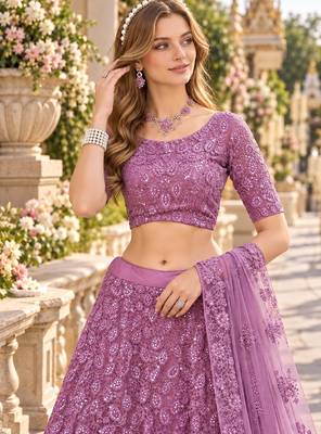 Purple Net Semi Stitched Lehenga Choli with Embroidery & Sequence Work 2