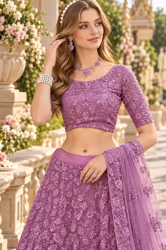 Purple Net Semi Stitched Lehenga Choli with Embroidery & Sequence Work